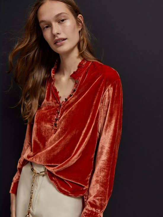Anthropologie Tops - Anthropologie Kristianne Velvet Blouse Size L Rust Orange Shimmer Luxe Boho
